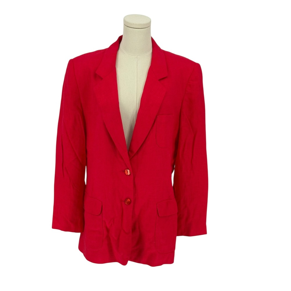 Vintage Lands End Womens Regular Red Linen Blend Blazer Jacket Size 16